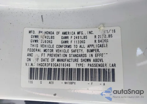 2016 Honda Accord Touring из США, поврежденный, VIN 1HGCR3F93GA016046